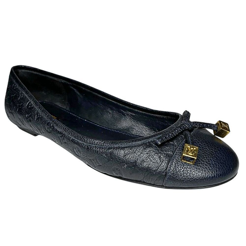 Louis Vuitton Debbie Monogram Cap Toe Bow Ballet Flats Navy Blue Leather EU 38